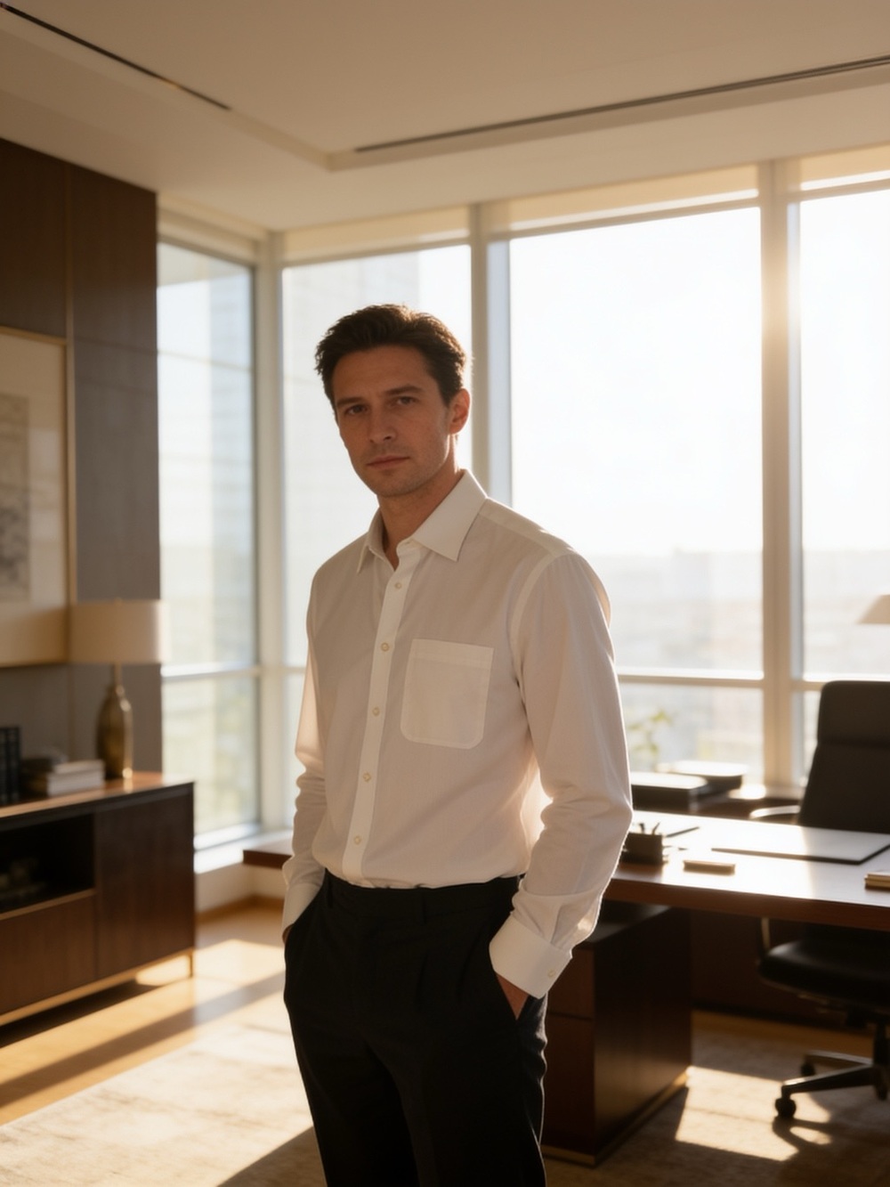 Men's Trim Fit White Long-Sleeve Dress Shirt with Chest Pocket